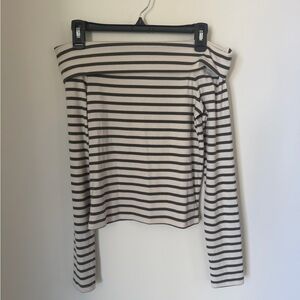 American Eagle Outfitters Off-Shoulder Striped Long Sleeve Top - Cream & Black